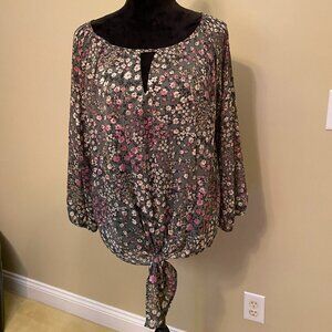West K Casiya Front Tie Keyhole Hi/Lo Blouse Olive Floral XXL NWT